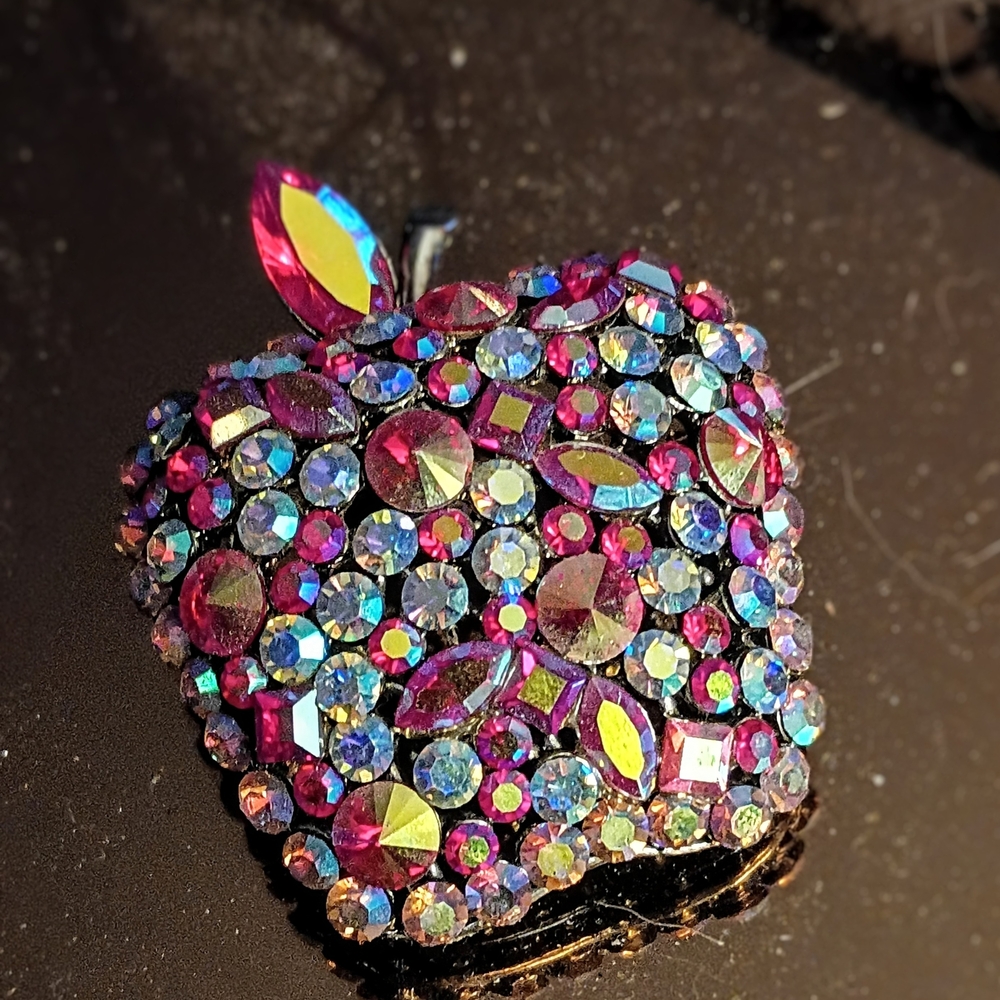 Vibrant Rhinestone Apple Brooch